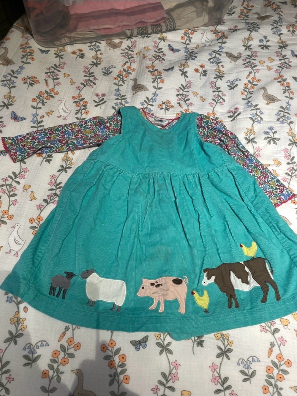 Baby Boden Teal Corduroy Farm Animals Dress with Floral Shirt